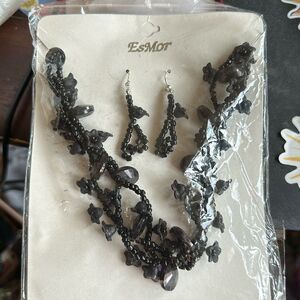 EsMor Black Flower Necklace & Earring Set Fashion Jewelry Statement Floral